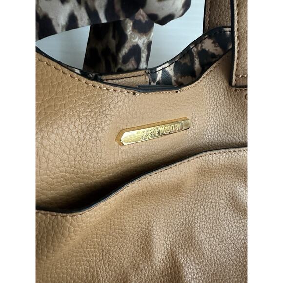 Steve Madden Vegan Leather Small Tote in Cognac W/ Cheetah Bow Scarf Accent - Picture 2 of 8